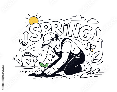 Spring Planting Concept. A gardener kneeling and placing a small seedling into the soil, abstract arrows and