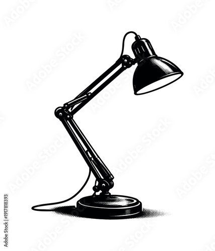 Old-fashioned articulated desk lamp shown in profile, joints and shade forming a sharp silhouette, black and