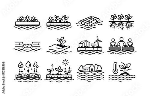 Floating vegetable gardens on water. Line outline icon set of Floating vegetable gardens on water: floating
