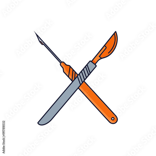 Crossed Surgical Tools Illustration Depicting Scalpel and Needle for Medical Procedures