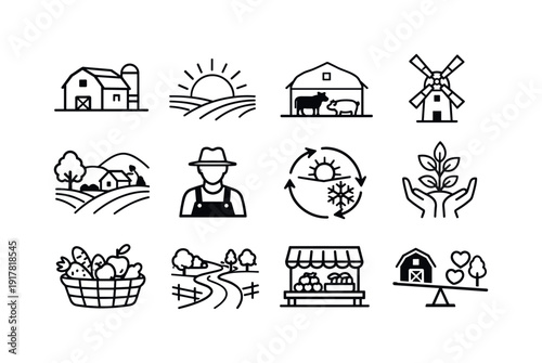 Agricultural lifestyle. Line outline icon set of Agricultural lifestyle: farmhouse, sunrise over fields,