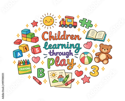 Children learning through play. Hand drawn illustration of Children learning through play. building blocks,
