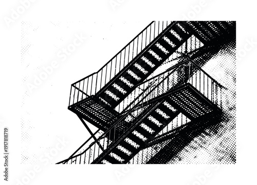 A classic fire escape silhouette cutting diagonally across the frame, metal rails and steps abstracted into