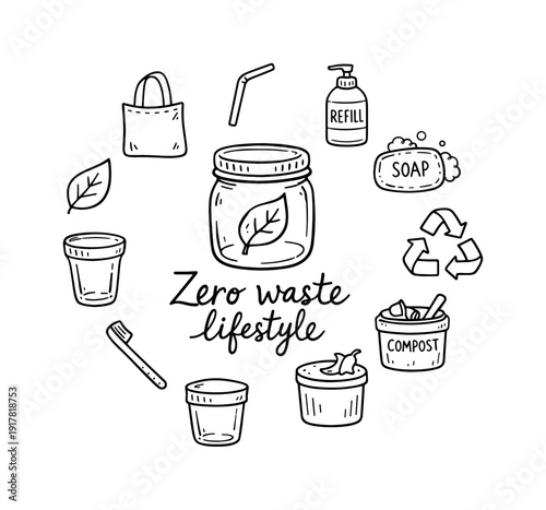Zero waste lifestyle. Hand-drawn doodle illustration of zero waste lifestyle. In the middle, one slightly