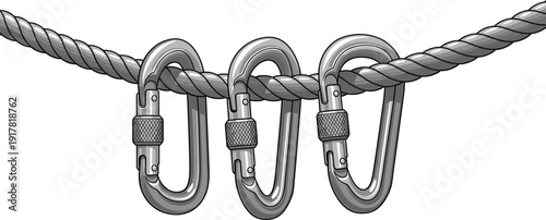 Steel carabiners fixed on rope industrial climbing vector isolated