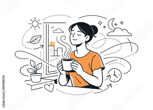 Mindful moments in everyday life. Person pausing to breathe with a cup of coffee by a window, soft light and