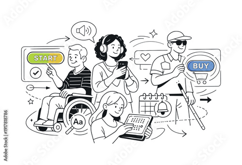 Accessible UX/UI. Diverse users interacting with clear interfaces, large buttons and readable text, calm