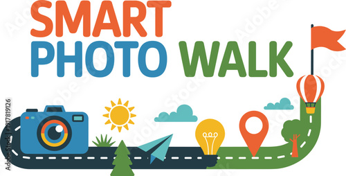 Smart photo walk travel photography concept illustration with camera road map location pins creative outdoor shooting exploration tourism inspiration