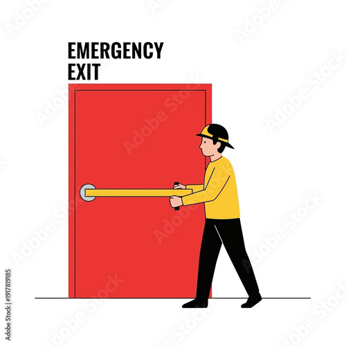 Depiction Of A Firefighter Activating Emergency Exit Door, Evacuation Safety Illustration