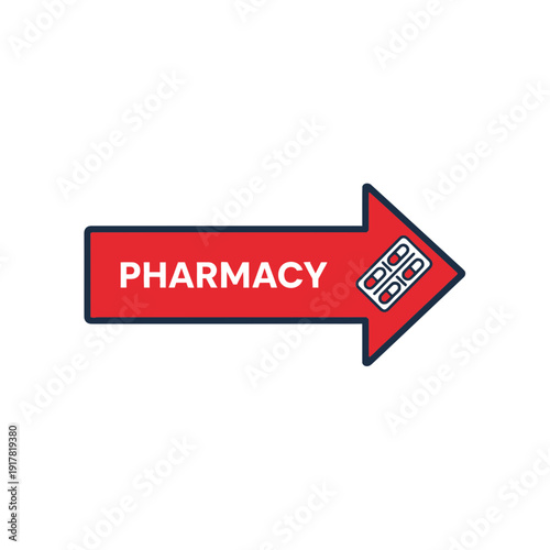 Directional Arrow Sign Indicating Pharmacy Services And Pharmaceutical Guidance For Healthcare Needs