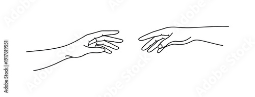 "Shared Direction". Minimalistic one-line drawing two hands reaching forward together but remaining separated,