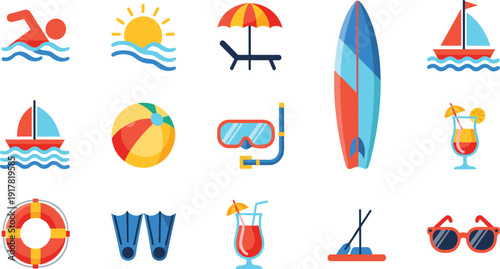 Summer Beach and Water Sport Icon Set with Surfboard, Sailboat, Snorkeling Mask, Cocktail, Sunbed, Lifebuoy, and Swimming Elements Vector Collection.