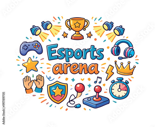 Arena de Esports. Esports arena. Hand drawn illustration of Esports arena. stage lights, gaming controller,