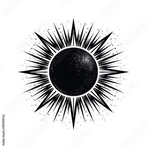 A black sun tarot reinterpretation depicted as a dark circular sun symbol with radiating geometric rays,
