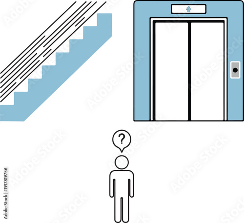 Man Choosing Between Stairs and Elevator for Life Decision Concept, decision-making, accessibility options, and the contrast between physical effort and convenience in modern environments.