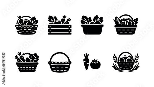 Organic Basket Icons. Organic produce basket outline collection. Filled icon set of Organic produce basket