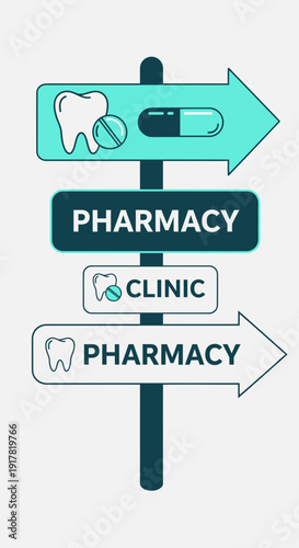 Directional Sign Illustrating Medical Services Including Clinic And Pharmacy Guidance For Patients
