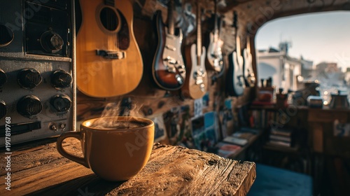 Coffee cup on wood table with guitars in background inside room