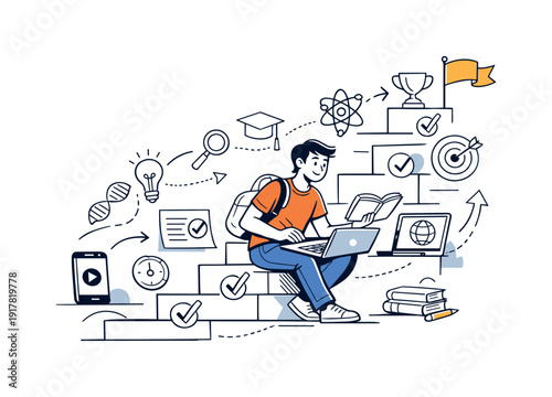 Education and lifelong learning. Person studying across multiple devices, notes and symbols forming a clear