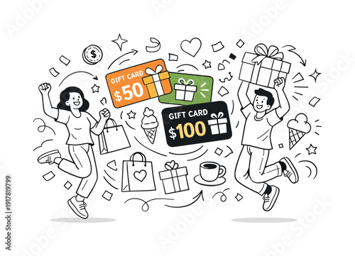 Celebration and rewards. Gift cards floating among stars and confetti, simple icons hinting at shopping and
