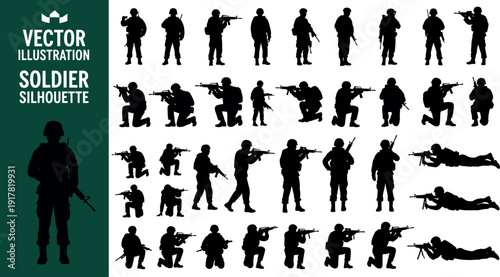 Large collection of black soldier silhouettes in various tactical poses including standing kneeling and prone cad drawing flat vector illustration isolated.eps
