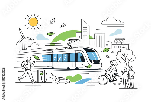 Zero-emission city transit. Sleek electric tram gliding between buildings, soft motion lines and leaf symbols