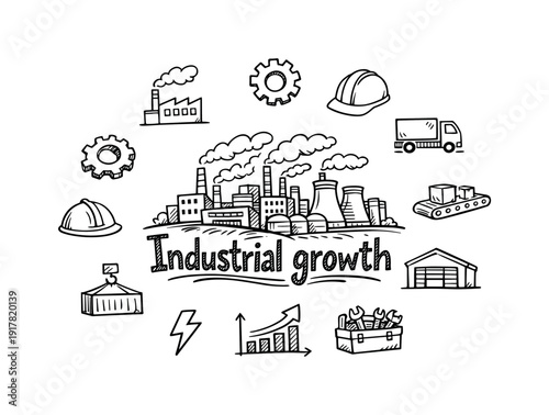 Industrial growth in Asia. Hand-drawn doodle illustration of industrial growth in Asia. In the middle, one