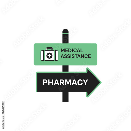 Directional Signpost Indicating Medical Aid and Pharmacy Services For Health Support Needs