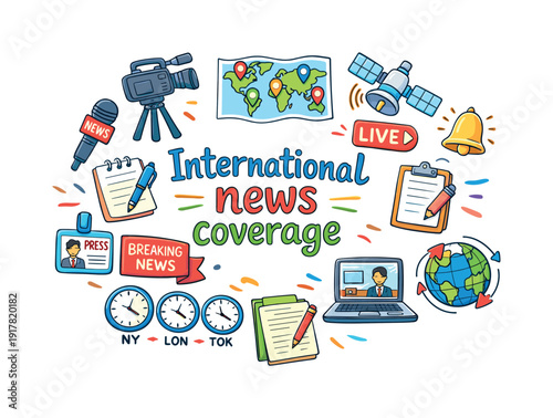 International news coverage. Hand drawn illustration of International news coverage.