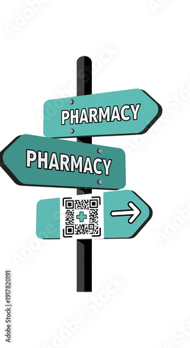 Directional Signpost Indicating Pharmacy Services and Innovative Digital Access Point