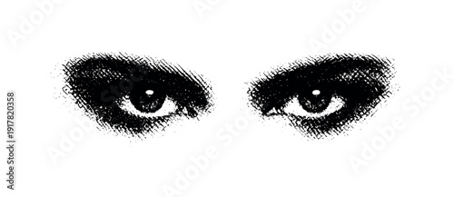 Eyes in Darkness. Pair of eyes floating in darkness, eyebrows and surrounding features abstracted into grain