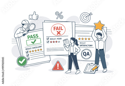 Document Quality Control. Quality Inspection. Document pages with inspection stamps and rating indicators,