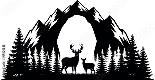 Mountain landscape silhouette vector with deer family and pine forest treeline isolated on white background for nature wildlife travel design,