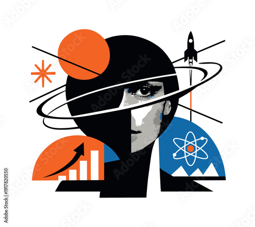 Abstract pre-digital future silhouette with structured geometry and obscured facial features