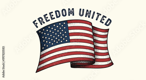 American flag icon with freedom united text, patriotic symbol. Created in vintage style with red, white, and blue colors.