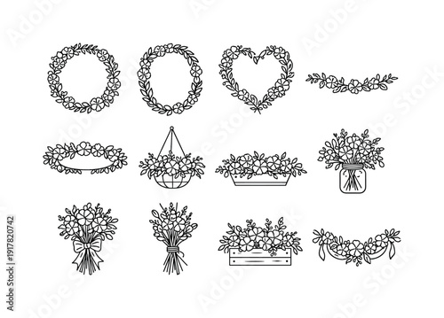 floral wreath and arrangements line drawing. Line outline icon set of floral wreath and arrangements line