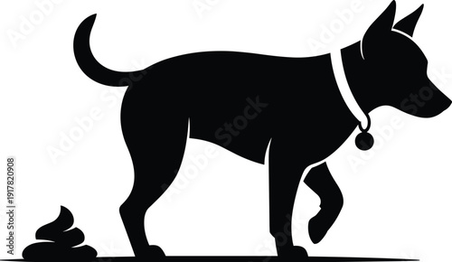 Dog pooping silhouette icon, pet waste problem concept, black canine with feces isolated vector illustration for hygiene awareness