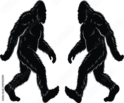 Black Silhouette Set of Bigfoot Sasquatch Cryptid Walking in Profile for Mystery Legend Folklore Forest Wilderness Mythical Creature and Paranormal Vector Illustration