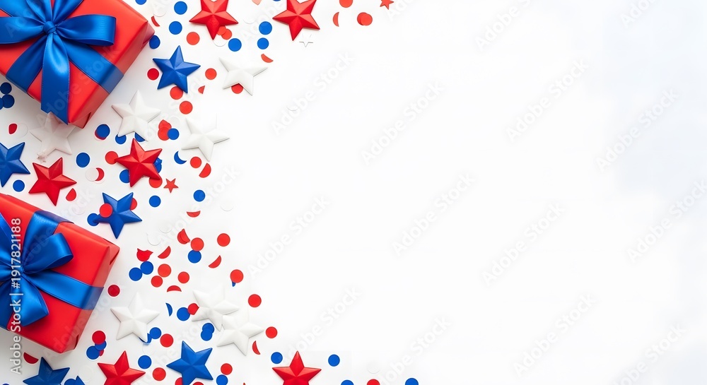 Obraz premium Memorial day celebration background with patriotic red gifts and blue ribbons