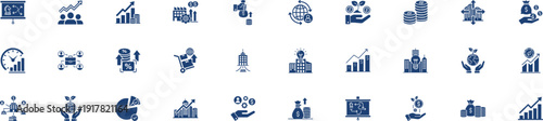 Investment and banking icon silhouettes collection showcasing rising bar charts, coin exchange hands, bank structures, capital money bags and corporate strategy boards.