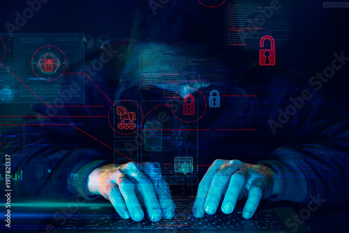 Photos Hacker Typing on Laptop with Trojan and Malware Security Overlay