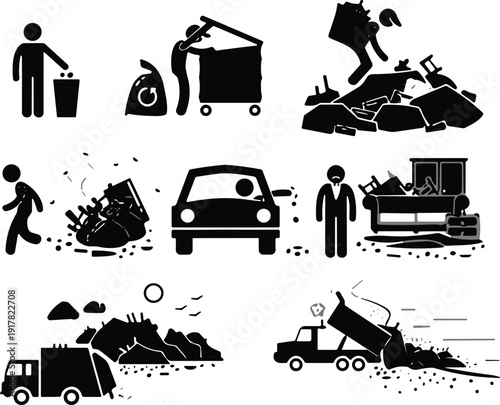 Garbage disposal and waste management silhouettes, trash collection recycling dumping environmental pollution vector icon set isolated
