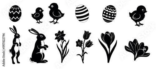 Easter spring silhouettes of bunny rabbits chicks and decorated eggs with blooming flowers for holiday branding greeting prints party invitations stickers packaging and craft projects