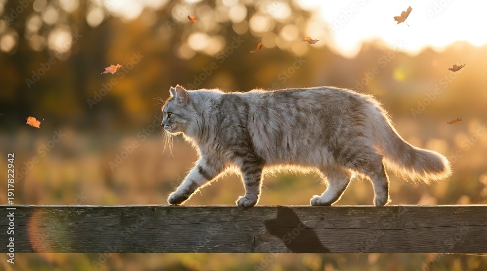 Obraz premium Fluffy gray tabby cat walking on wooden fence during golden hour sunset with warm bokeh lights and floating autumn leaves in background.