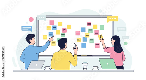 Creative Business Team Brainstorming with Sticky Notes on Whiteboard, Agile Project Management and Ideation Concept