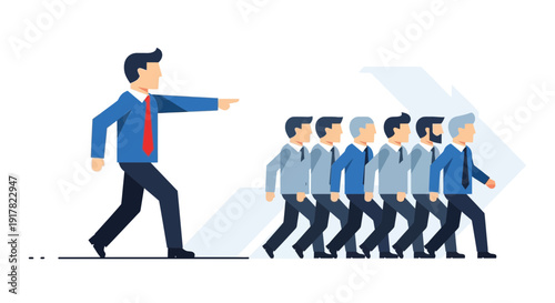 Visionary Business Leader Pointing Way for Team of Professionals, Corporate Growth and Leadership Direction Concept