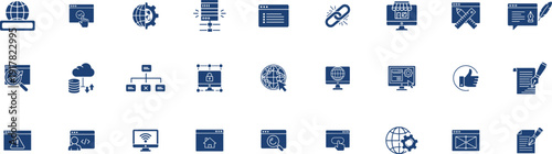 Web and digital technology icon silhouettes featuring global search browsers, cloud server storage, website sitemap structures, hyperlink chains and coding monitors.