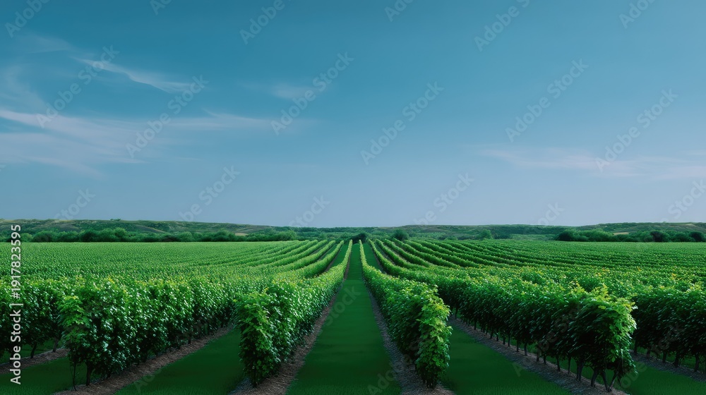 Naklejka premium Lush Green Vineyard Rows Under Clear Blue Sky with Gentle Clouds and Expansive Landscape Stretching into Horizon for Agriculture and Nature Themes
