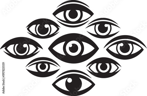 Multiple Eyes Looking in Different Directions Silhouette Illustration