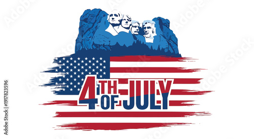 4th of July patriotic logo with American flag and mountains, isolated on transparent background